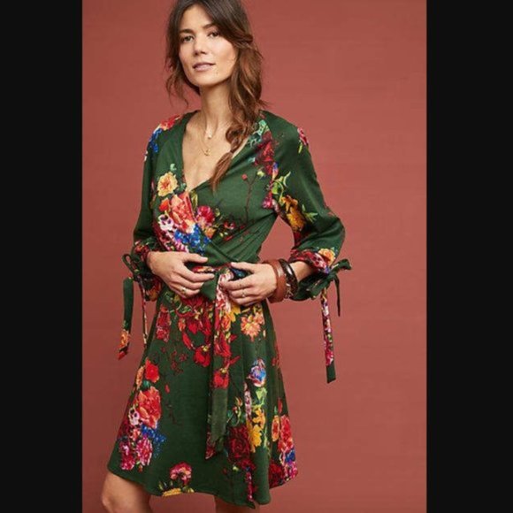 Eva Franco Dresses & Skirts - Eva Franco Anthropologie Dahlia Green Floral Wrap Dress